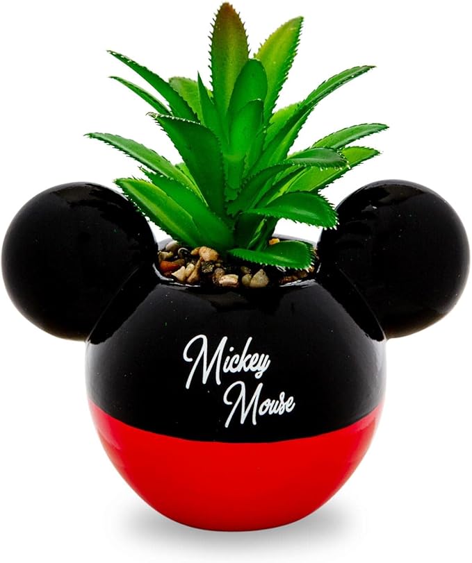Silver Buffalo Disney Mickey Mouse 3-Inch Ceramic Mini Planter with Artificial Succulent | Small Flower Pot, Faux Indoor Plants for Desk Shelf, Home Decor Trinket Tray and Collectibles