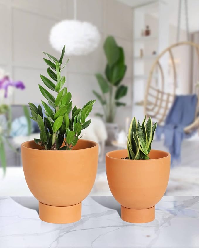 vensovo Terracotta Self Watering Plant Pot - 2 PCS 6 Inch & 8 Inch Terra Cotta Plant Pot with Drainage Hole and Saucer, Small & Large Clay Flower Pot with Tray, Planter for Indoor Outdoor