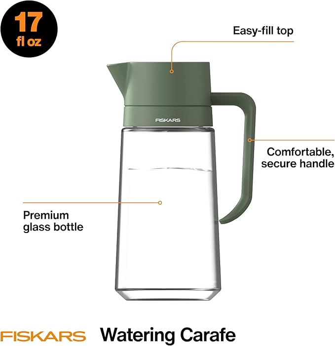 Fiskars Glass Watering Can for Indoor Plants, Small Pitcher for Succulents & Herbs, Easy Fill Top Design and Mess Free Pouring with Narrow Spout for House Plants, Modern Decor Style, 17 oz, Clear