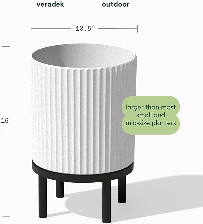 Veradek Demi Series Round Planter w/ Stand for Porch/Patio | Durable Plastic-Concrete & Wooden Stand | Modern Décor for Tall Plants, Flowers
