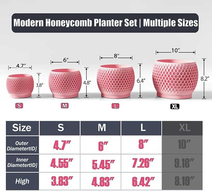 Plant Pots, Modern 3D Printed Honeycomb Planters for Indoor Plants, 4.7/6/8 Inch Cherry Pink Decorative Flower Pot for Office Desktop, Bookshelf & Home Decor, Lightweight & Durable.