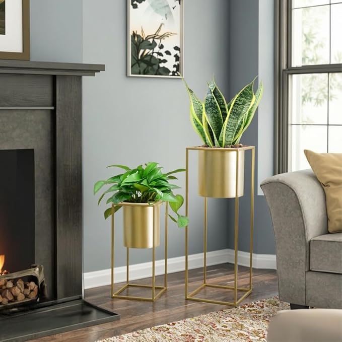 TRIROCKS Set of 2 Large Planters with Stand Gold Planter for Indoor Plants 28 &18" H Morden Plant Pots for Living Room Corner Kitchen Office Garden Balcony Patio Decor(Gold)
