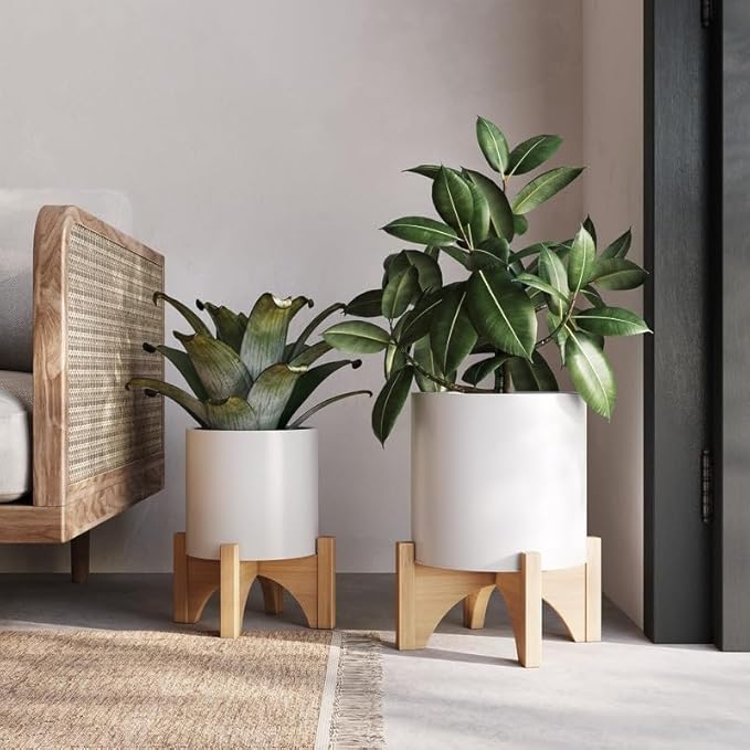 White Indoor Metal Pot Planter with Arch Wood Base Set 12.25" h X 9.75" w 9.75" d Mid-Century Modern Round
