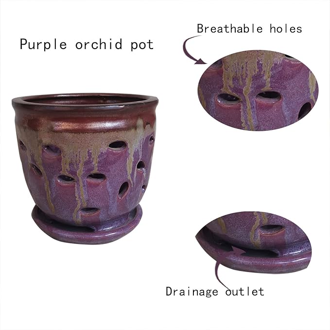 Large 6inch Puple Round Ceramic Orchid pots with Holes, Flower Pot with Saucer for Indoor Plants Home Decorative, Round Planter (Purple)