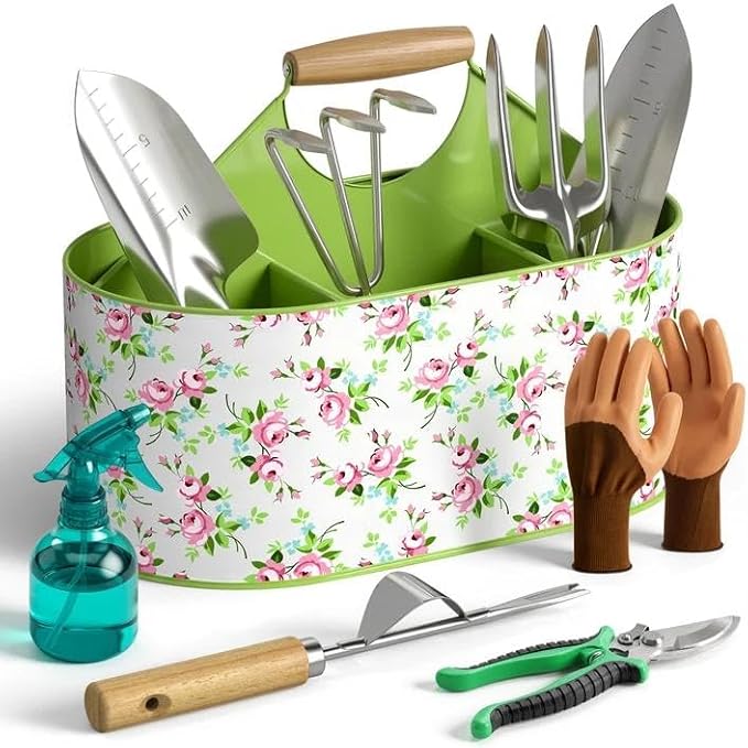 9-Piece Garden Tool Set, Heavy Duty Stainless Steel Rust-Proof Planting Kit with Ergonomic Wood Handles, Durable Metal Organizer Basket with 4 Compartments, Ideal Gardening Gift for Women, Mother