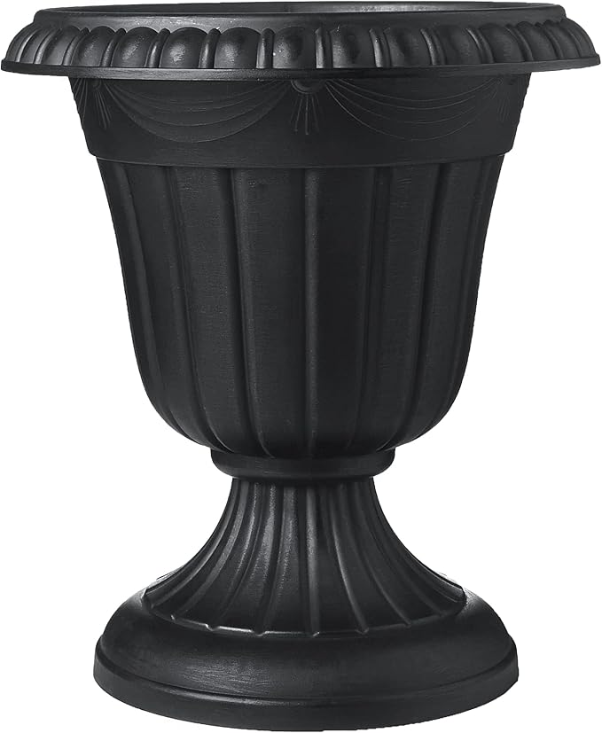 Arcadia Garden Products PL20BK Classic Traditional Plastic Urn Planter, Indoor or Outdoor Garden Decor, Flower Pot Vase 10x12 - Black