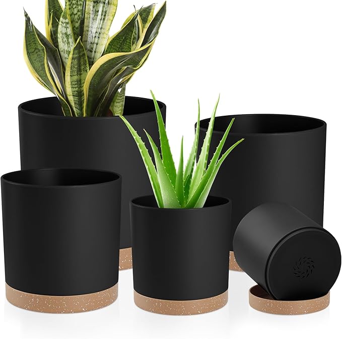 YNNICO Plant Pots with Drainage Holes and Saucers – 7, 6.5, 6, 5, 4 Inch Plastic Planters for Indoor Outdoor Plants, Modern Matte Finish, Lightweight & Durable（Black）