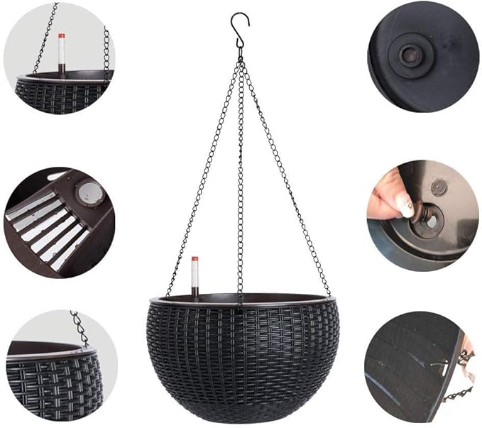 Vencer 11 Inch Round Resin Self Watering Hanging Basket,Water Indicator,Modern Decorative Planter Pot for All House Plants,Black,VF-050B