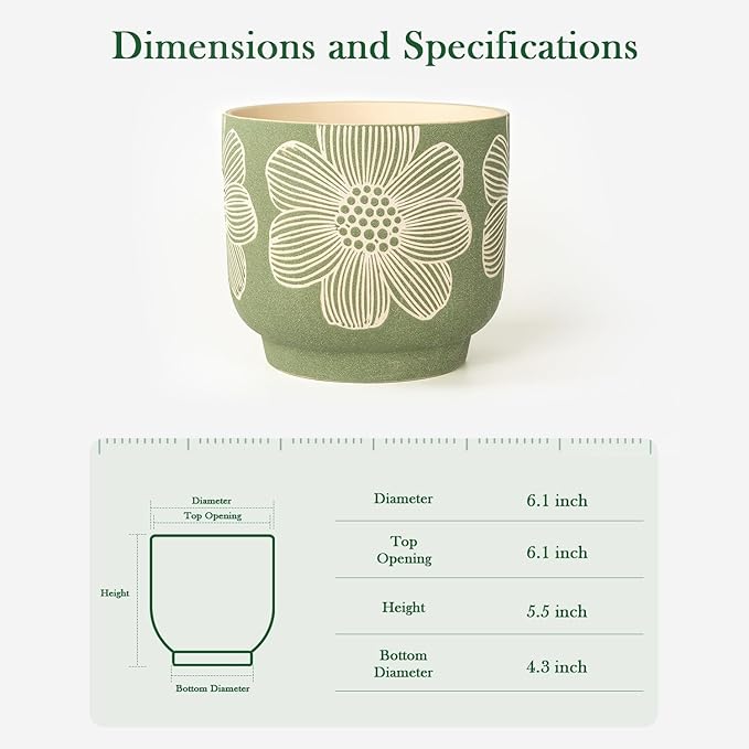 Succulent Pots 6 Inch, Plant Pot for Plants with Drainage Hole, Green Ceramic Planter Modern Floral Pattern, Round Flower Pots for Indoor Plants and Snake Plants - 1 Pack