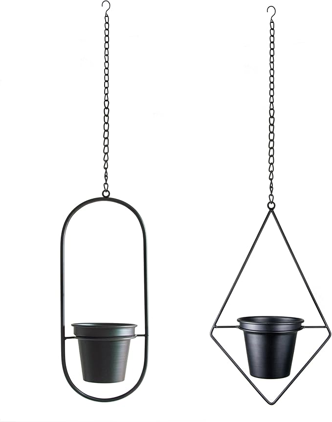 Modern Metal Hanging Planters Set of 2 - Geometric Diamond and Oval Plant Hangers with 5 inch Pots - Black Wall or Ceiling Mount Flower Holders for Indoor and Covered Outdoor Décor