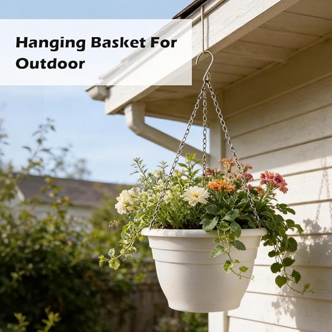 RooTrimmer Hanging Planters 10 Inch, 4 Pcs Flower Pots with Drainage Hole, Self Watering Hanging Basket for Indoor Outdoor Plants, Decor, White