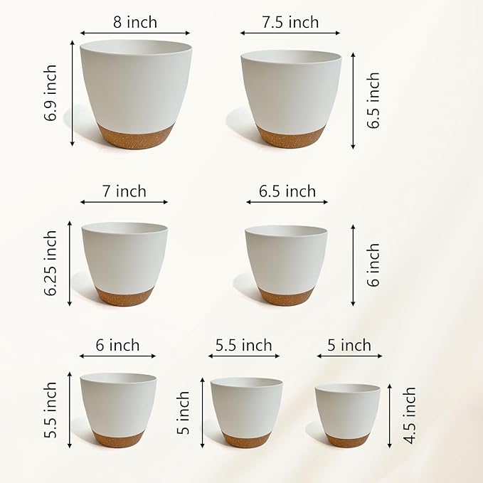 LIFFY Plant Pots, 8,7.5,7,6.5,6,5.5,5 Inch Plastic Self Watering Planters with Drainage Holes & Saucers, 7-Pack White Nursery Planting Pot with Deep Reservoir for Indoor Outdoor Plants