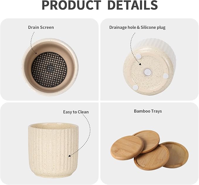 TAMAYKIM 4 Inch Ceramic Plant Pots with Drainage Holes, Modern Vertical Pattern Flower Planter with Saucer for Indoor Plants, Succulent, Cactus & Herbs, Beige, Set of 4 (Plants Not Included)