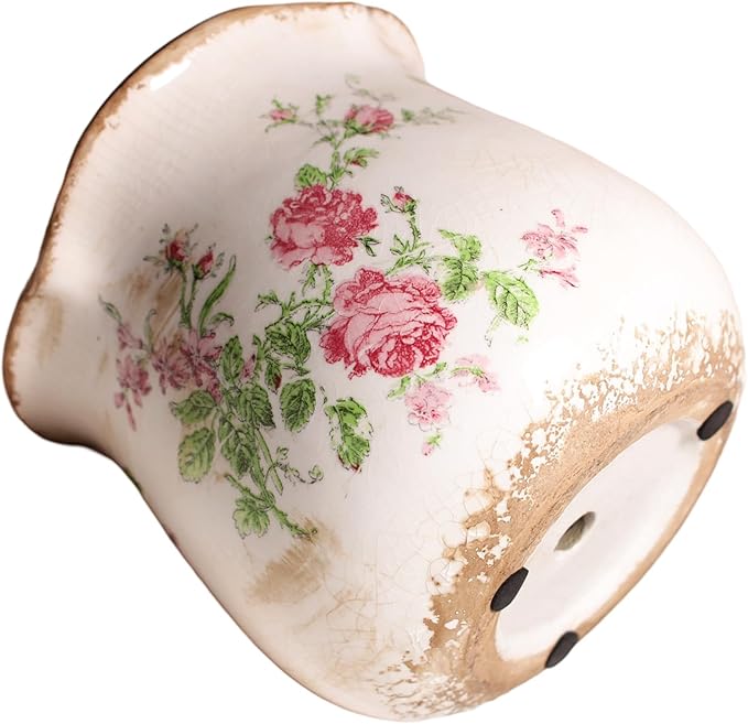 Xiaan Jiaju Shabby Chic Flower Pot, 6.11 Inch Ceramic Planter with Drainage for Indoor Plants, Vintage Ceramic Vase, Country Chic Spring Garden Home Decor, Pink Rose Floral