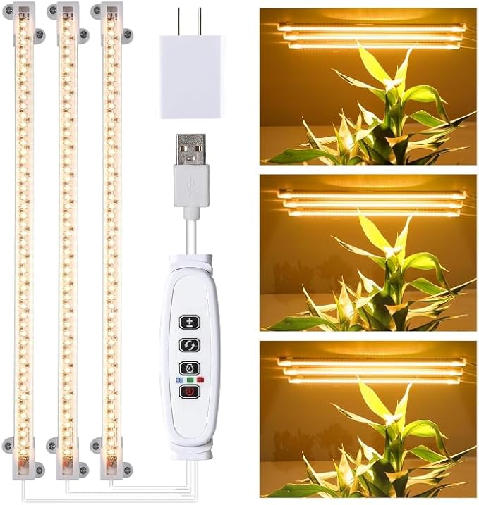 Hywyimlait 3 Head LED Grow Light Strips for Indoor Plants Full Spectrum 3500K, 144 LEDs Plant Light Bar with 3/9/12H Timer, 10 Dimmable Levels for Seedling Succulent, 13 Inches