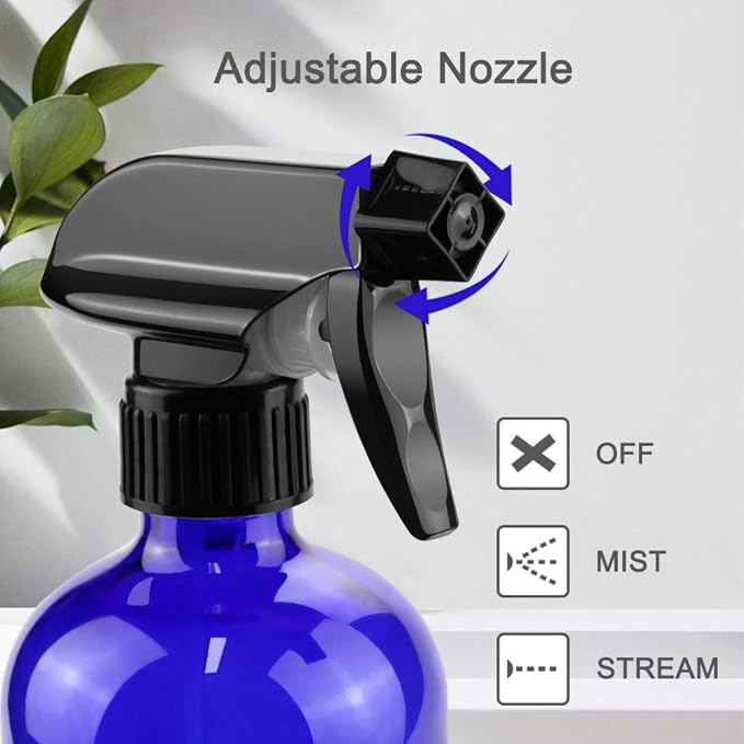 Worldgsb Glass Spray Bottles, 16oz Blue Glass Spray Bottles with Labels & Adjustable Nozzle, Reusable Containers for Cleaning, BBQ, Food, Plants, Alcohol, Essential Oils(3 Pack)