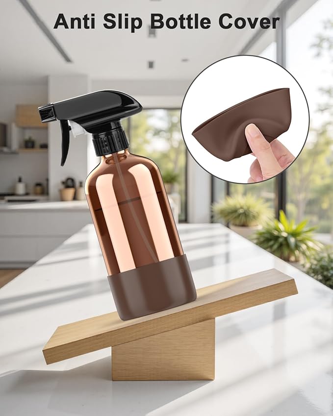 Bontip Amber Glass Spray Bottle with Silicone Sleeve Protection, 16 oz Refillable Spray Bottle for Cleaning Solutions, Plants, Aromatherapy, Facial Hydration (Brown Sleeve(Amber Bottle)
