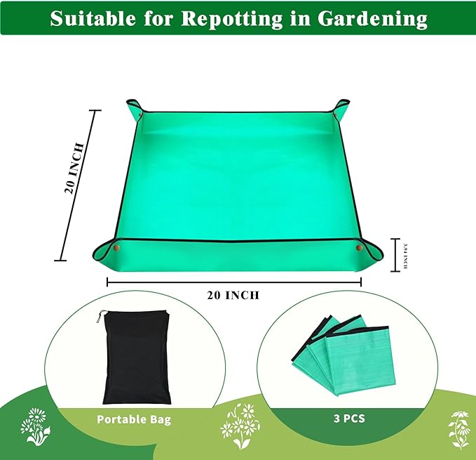 3Packs Repotting Mat, 26.8x26.8 Inch Thickened High Density PE Waterproof Gardening Tray for Plant Transplanting, Portable Foldable Potting Soil Mat with Storage Bag for Indoor Outdoor Plant Care