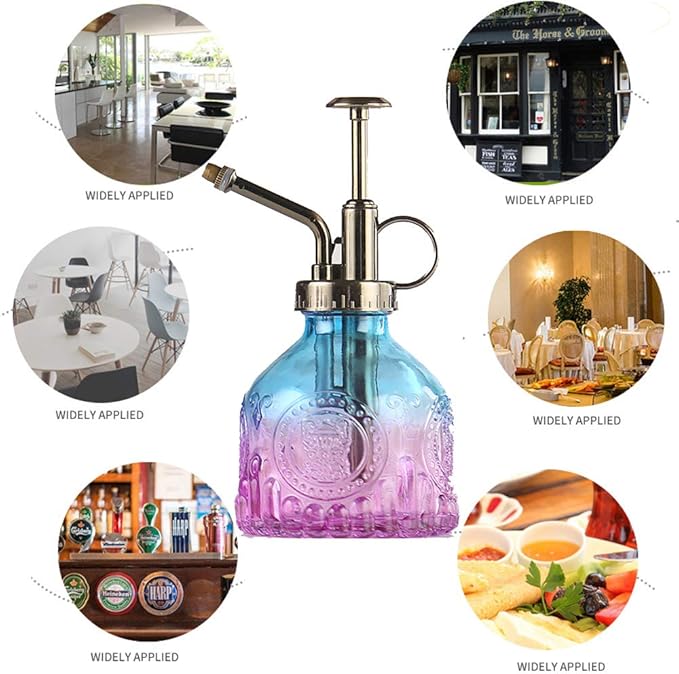Plant Mister Glass Spray Bottle Small Plant Watering Can 6.4" Tall Retro Indoor Watering Can Bronze Plastic Top Pump for Garden Indoor Plant Sprayer