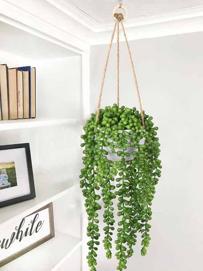 plants Fake Hanging with Pot, 14'' Faux String of Pearls Succulent Greenery Artificial Hanging for Indoor Home Office Farmhouse Bathroom Wall Shelf Decor - Green