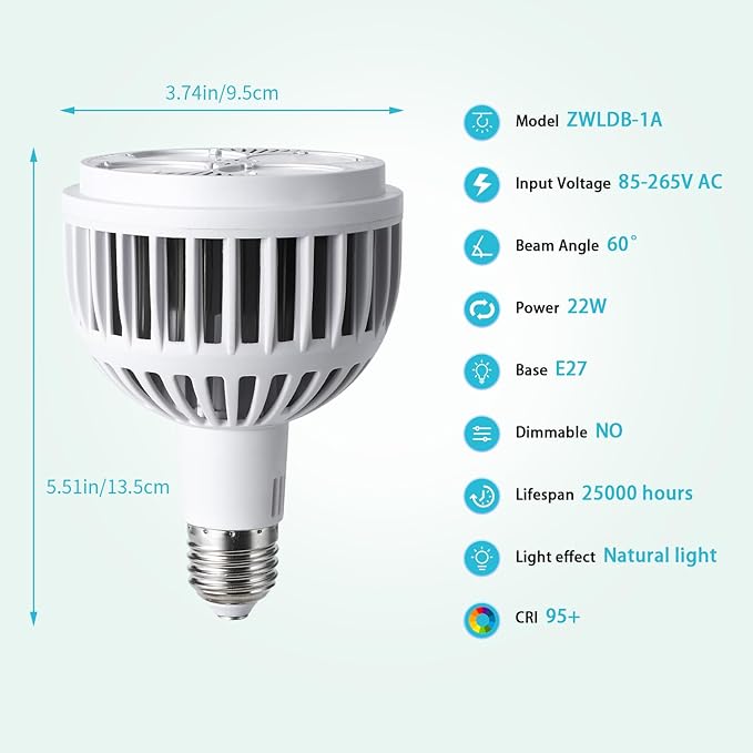 Hywyimlait Grow Lights for Indoor Plants, Full Spectrum 4000K, 22W Plant Light Bulb with High PPFD, E27 Base, LED Energy Saving Grow Light Bulb for Seeding and Growing, 1 Pack