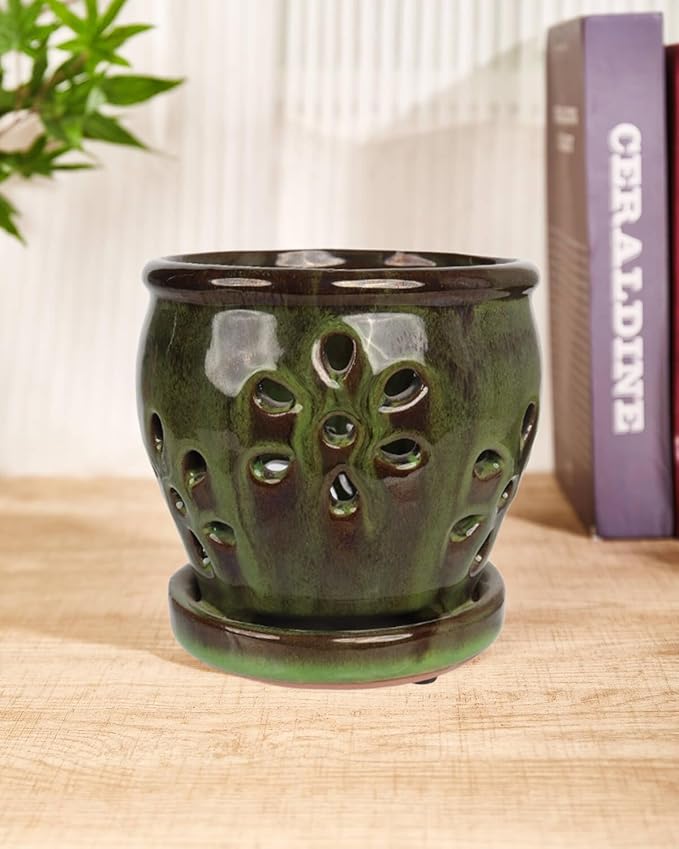 vensovo 5 Inch Ceramic Orchid Pots with Holes and Saucers - 1 Pcs Small Succulent Pot for Repotting, Garden Flowerpots for Plants Indoor and Outdoor Promotes Air Circulation, Green Mixed Brown