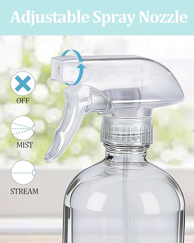 2 Pack 360° Glass Spray Bottles with Silicone Sleeve, 16 oz Empty Refillable Containers with Adjustable Spray Nozzles, Spray Bottles for Hair, Cleaning Solutions and Plants Grey