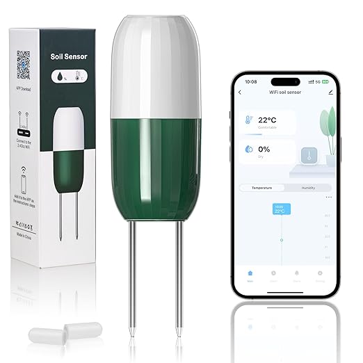 Smart WiFi Soil Moisture & Temperature Sensor - Hub-Free Soil Meters for Lawn, Garden, Greenhouse, Real-Time App Alerts, IP67 Waterproof, Works with Automatic Watering Systems,Gardening Gift