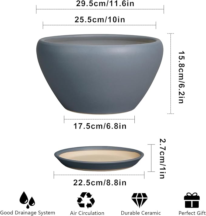 Ceramicfor Ceramic Plant Pot - 11 Inch Planter for Indoor Plants Large Plant Pot with Drainage Hole and Saucer Round Outdoor Planter Modern Flower Pot for Home Decor Gray