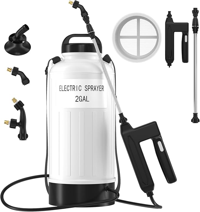 Battery Powered Garden Sprayer 2 Gallon 7.4V Powerful Electric Weed Sprayer with Retractable Leak-Proof Wand, 3 Adjustable Nozzles & Strap for Lawn,