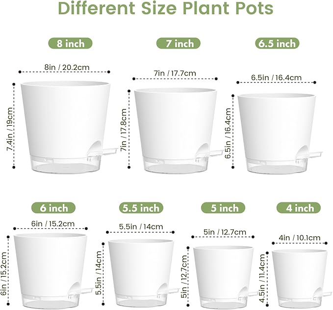 Meowell Self Watering Pots Set of 7 – Assorted Size 4" to 8" Indoor Plant Pots with Drainage Holes and Clear Reservoir for Visible Water Level, Plastic Wicking Planter for House Plants & Flower, White