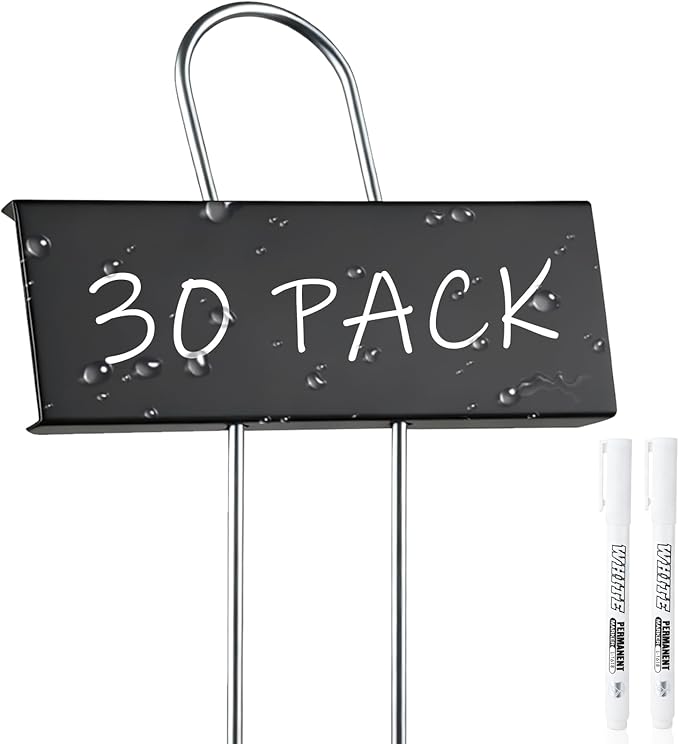 30-Pack Rust-Proof Metal Plant Labels with Galvanized Stakes, Height 10.6" Label Area 3.5"x1.2", Waterproof Weatherproof Garden Markers, Reusable Tags with 2 Pens (Black)