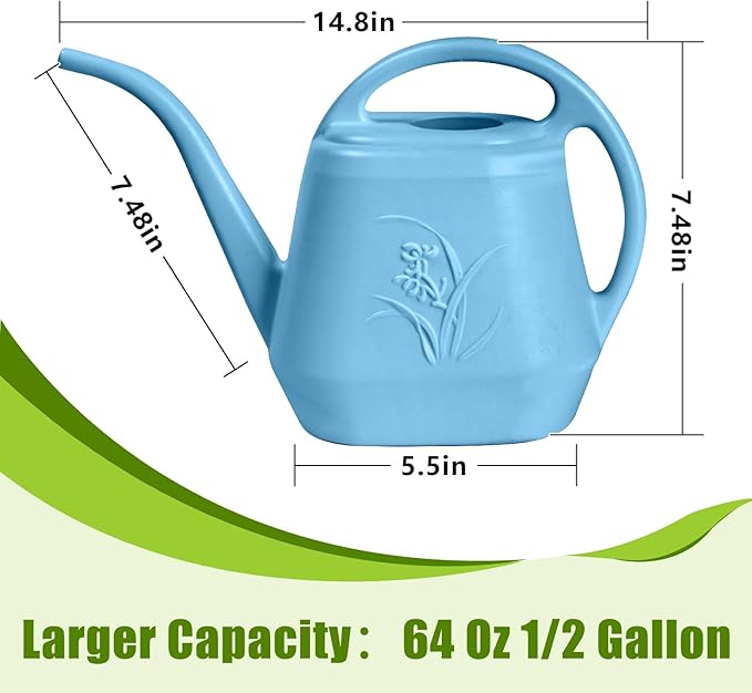 Hand Plastic Watering Can - for Indoor and Outdoor Home Garden Plants - with Long Spout - SkyBlue - 1/2 Gallon