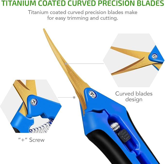 iPower 6.5 Inch Garden Pruning Shears with Titanium Coated Curved Precision Blades, Blue, 1-Pack
