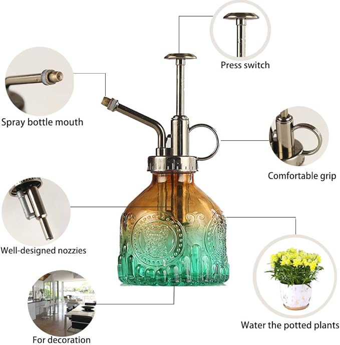 Plant Mister Glass Spray Bottle Small Plant Watering Can 6.4" Tall Retro Indoor Watering Can Bronze Plastic Top Pump for Garden Indoor Plant Sprayer