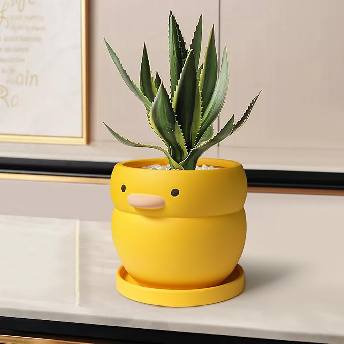 GeLive 4 Inch Yellow Duck Plant Pot Ceramic Planter with Drainage Tray Indoor Plants Succulent Pot Tabletop Organizer Decor Pen Holder Cartoon Statue Unique Gift