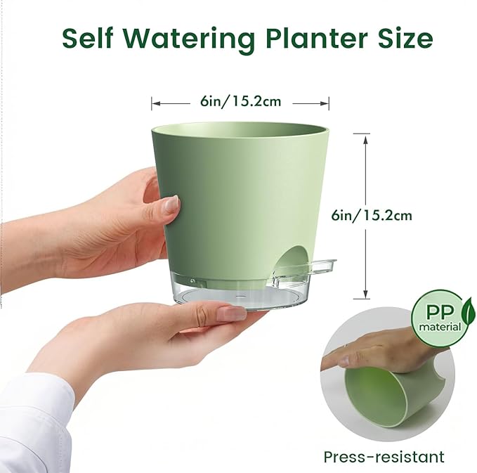 Meowell 6 inch Self Watering Pots for Indoor Outdoor Plants, 6 Pack Flower Plant Pots with Drainage Holes and Clear Reservoirs, Visible Water Level, Plastic Planters with Wicking Rope, Green