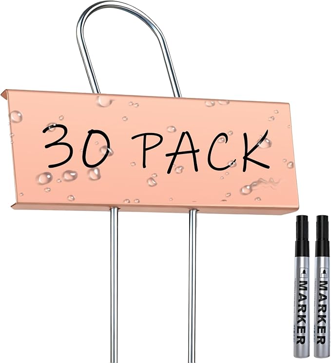 30-Pack Rust-Proof Metal Plant Labels with Galvanized Stakes, Height 10.6" Label Area 3.5"x1.2", Waterproof Weatherproof Garden Markers, Reusable Tags with 2 Pens (Gold)