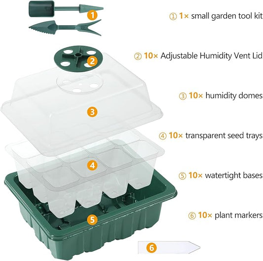 ondware 10-Pack Seed Starter Trays with Humidity Domes, 120 Cells, Seed Starter Kit for Indoor Greenhouse, Seedling Starter Tray for Seeds Growing Starting