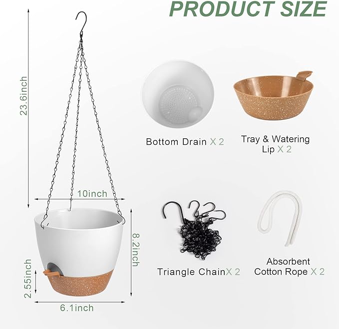 Vanslogreen Hanging Planters for Indoor Outdoor Plants, 2 Pack Self Watering Hanging Pot with Drainage Holes & Removable Tray (White, 10'')