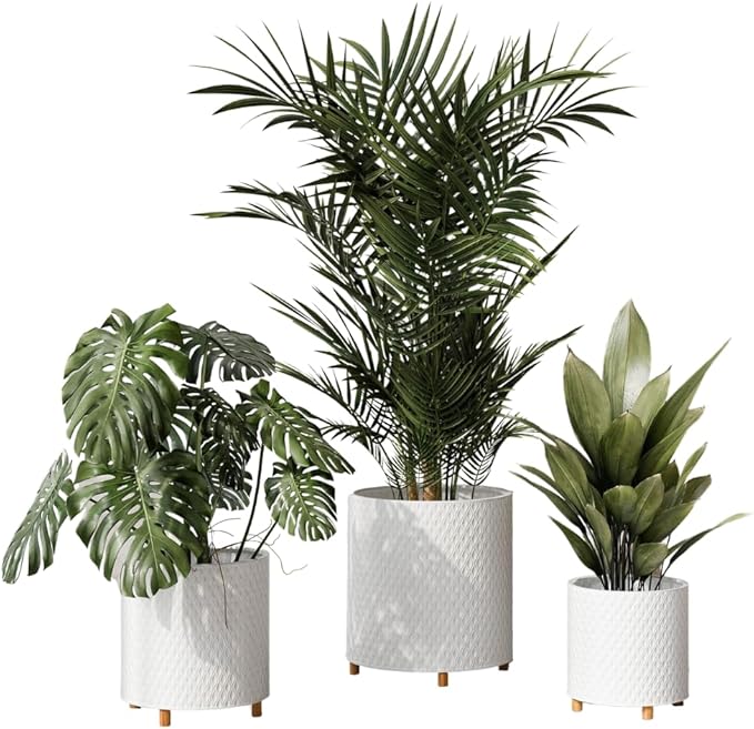 EverNest Claire Modern Indoor Plant Pot Set with Stand, White Pattern, SelectBase Cachepot, Neutral Mid-Century Modern Style, Metal Home Decor Planter (Set of 3)