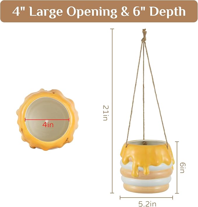 Bee Decor Hanging Planter: 6x4 Inch Opening Cute Flower Pot with Drainage - Ceramic Honey Plant Pot for Indoor Outdoor Garden Kitchen Bathroom