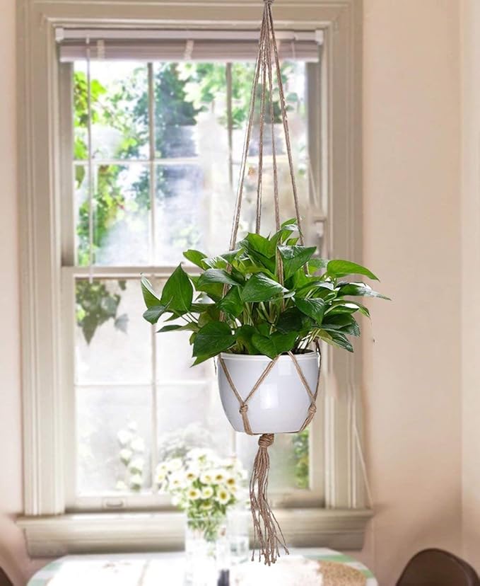 2 Pcs Macrame Plant Hanger Basket Liners with Country Style Natural Jute, Elegant for Home Garden, Patio and Office, Indoor & Outdoor Decoration, ONLY Hanger, NO Plant or Pot (48")