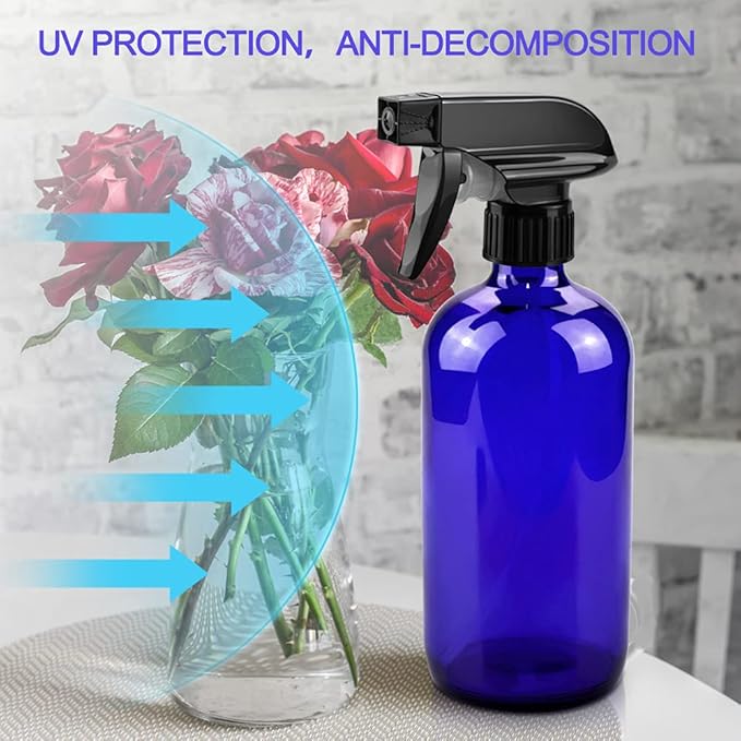 Worldgsb Glass Spray Bottles, 16oz*2+4oz*2+2oz*4 Refillable Containers, Empty Boston Round Bottles with Adjustable Nozzle for Cleaning, Gardening, Aromatherapy, Pets, Plant, Hair - Blue