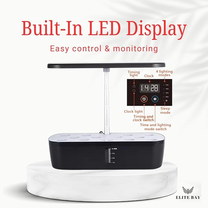 ELITE BAY-Hydroponic Growing System with 12 Pods – Smart Garden with LED Display, Full-Spectrum Grow Light & 4L Water Tank | AU/US Plug | Soil-Free Planter Kit | Black |for Home, Office & Kitchen.