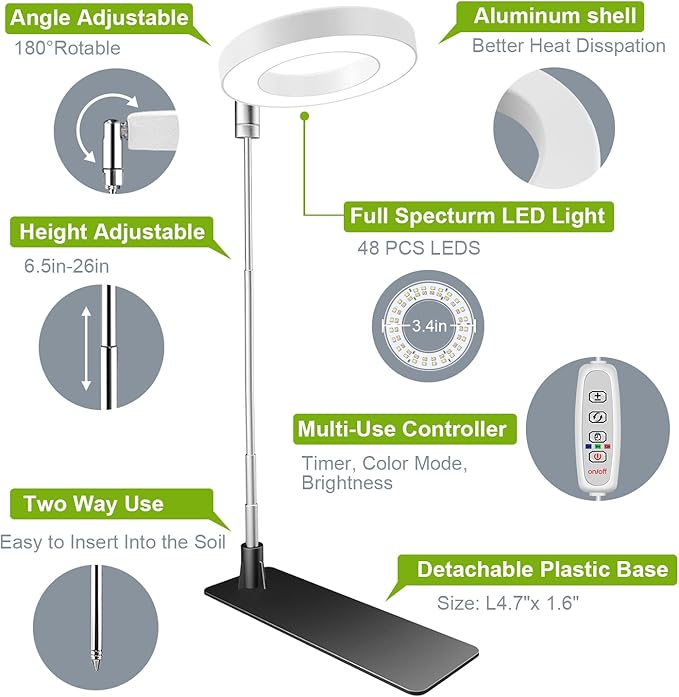 Kullsinss Grow Lights for Indoor Plants, 48 LEDs Full Spectrum Halo Plant Grow Light, Height Adjustable Growing Lamp with Detachable Base, 3/9/12Hrs Timer, 10 Brightness, 3 Color Modes, 5 Pack