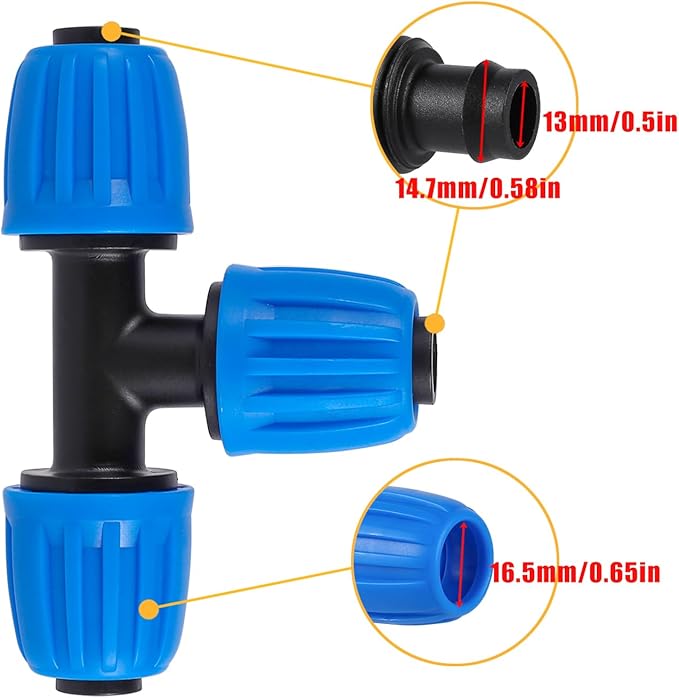 8 Pcs 1/2 Inch Irrigation Tubing Tee Fittings, (1/2" ID x0.6-0.63" OD) Drip Tubing Barbed Locked Nuts Tee Connectors Anti-Drop 1/2" T Connectors for Garden Irrigation System