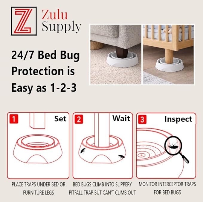 Bed Bug Interceptor Traps – White 4-Pack Passive Monitor & Detection Trap – Universal Fit for Bed & Furniture Legs – Reusable Non-Climbable Wall Pest Control Protection (White 4-Pack)