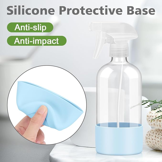 Rionisor Glass Spray Bottles with Silicone Sleeve Protection, Empty 16 oz Refillable Containers, Reusable Spray Bottles with Adjustable Nozzle for Hair, Cleaning Solutions, 3 Pack Blue