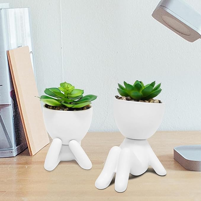 Zerzsy Set of 2 Small Fake Plants with Human-Shaped Pots, Fake Succulents Plant Artificial Office Desk Accessories Decorations Funny Room Decor Mini Plant Bathroom Decorations (Ceramic White)
